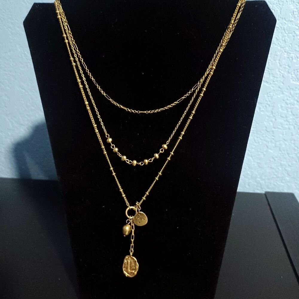 Vintage Gold-Toned Three-Layered Chain Necklace w/ 'L' Pendant, 20"